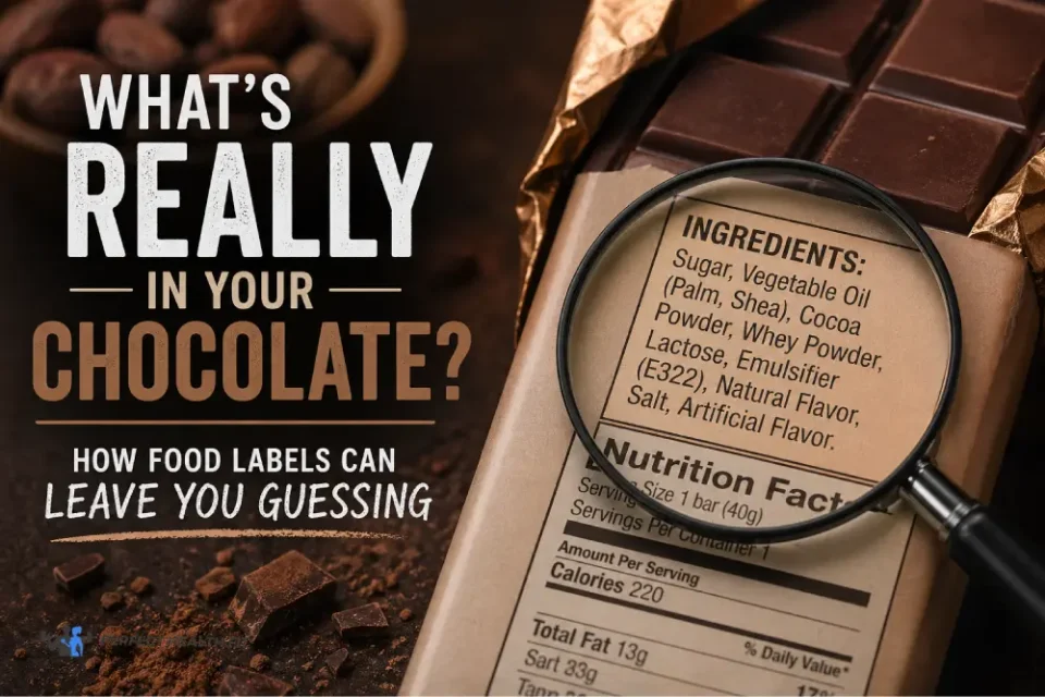 Chocolate bar with ingredient label showing hidden additives and misleading food labeling concerns