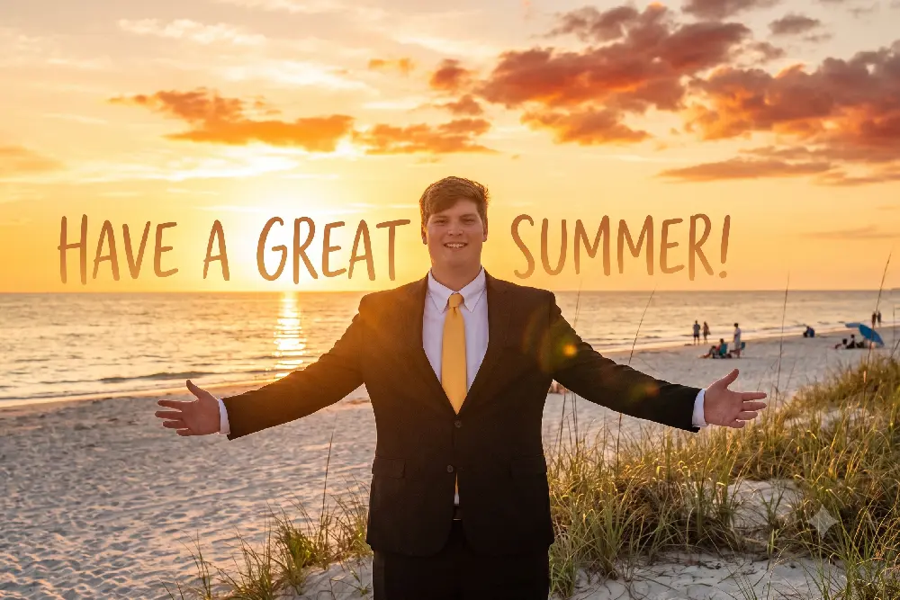 Person standing with open arms toward a sunny horizon celebrating Have A Great Summer